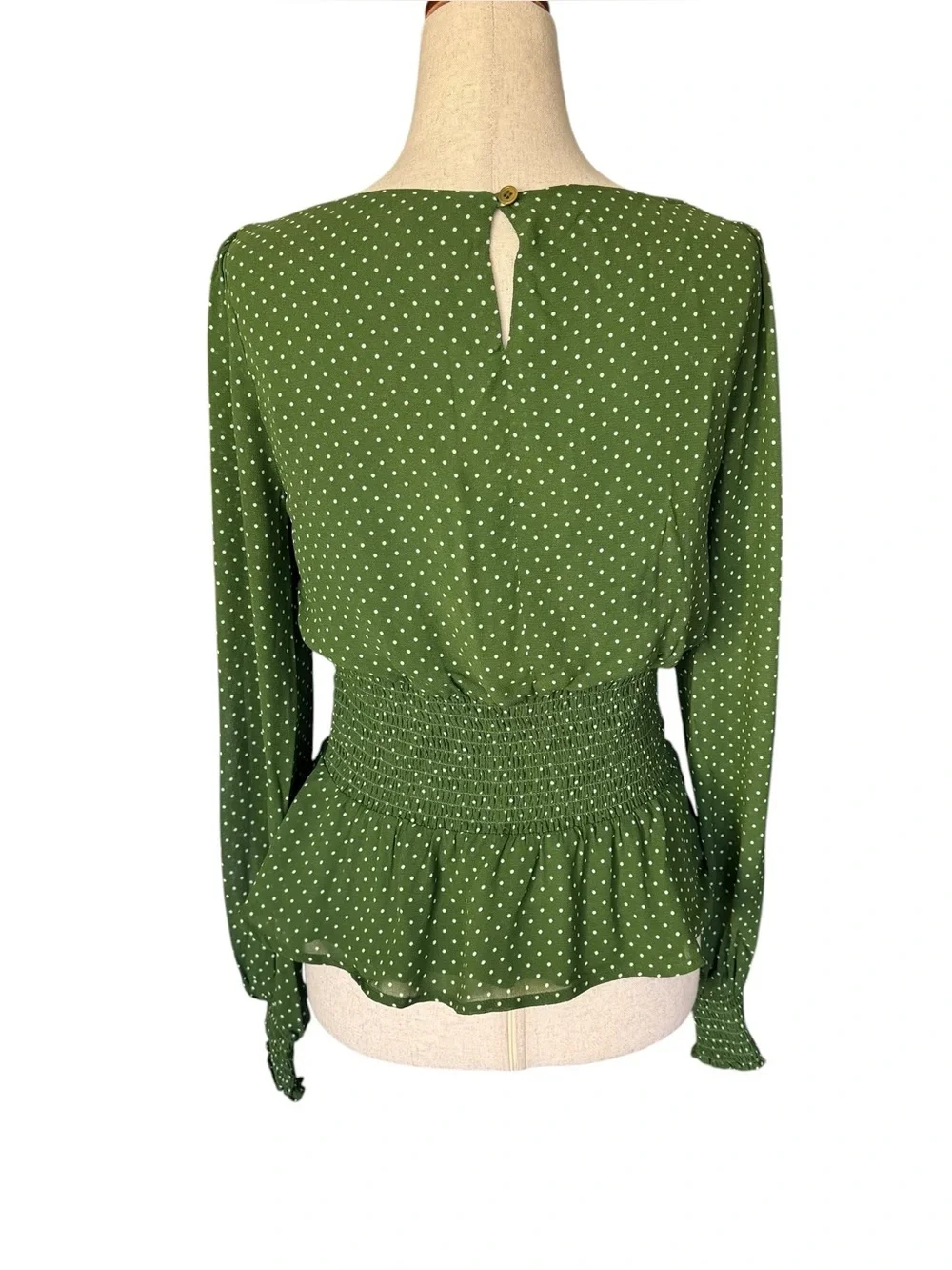 Reformation Hearth Long Sleeve Top Peat Green Polka Dot sz 8
